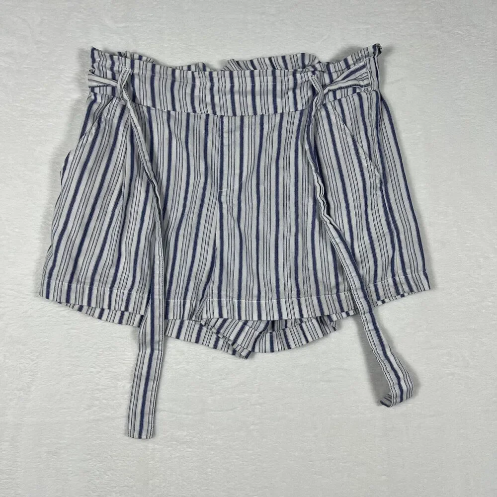 Hot Kiss Women's Shorts Size M White Navy Striped Cotton Paperbag Waist Tie